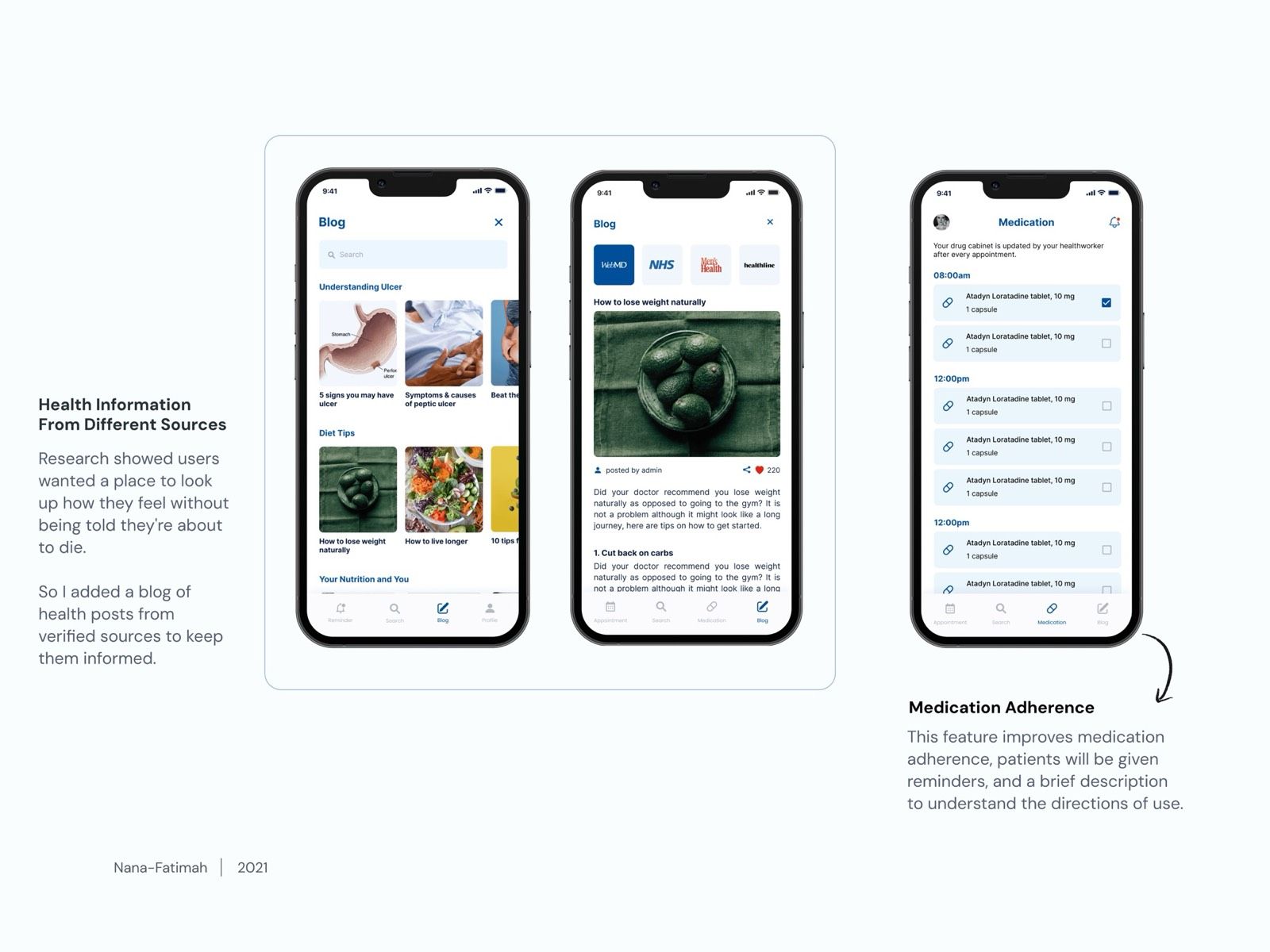 Health information hub and medication adherence screens