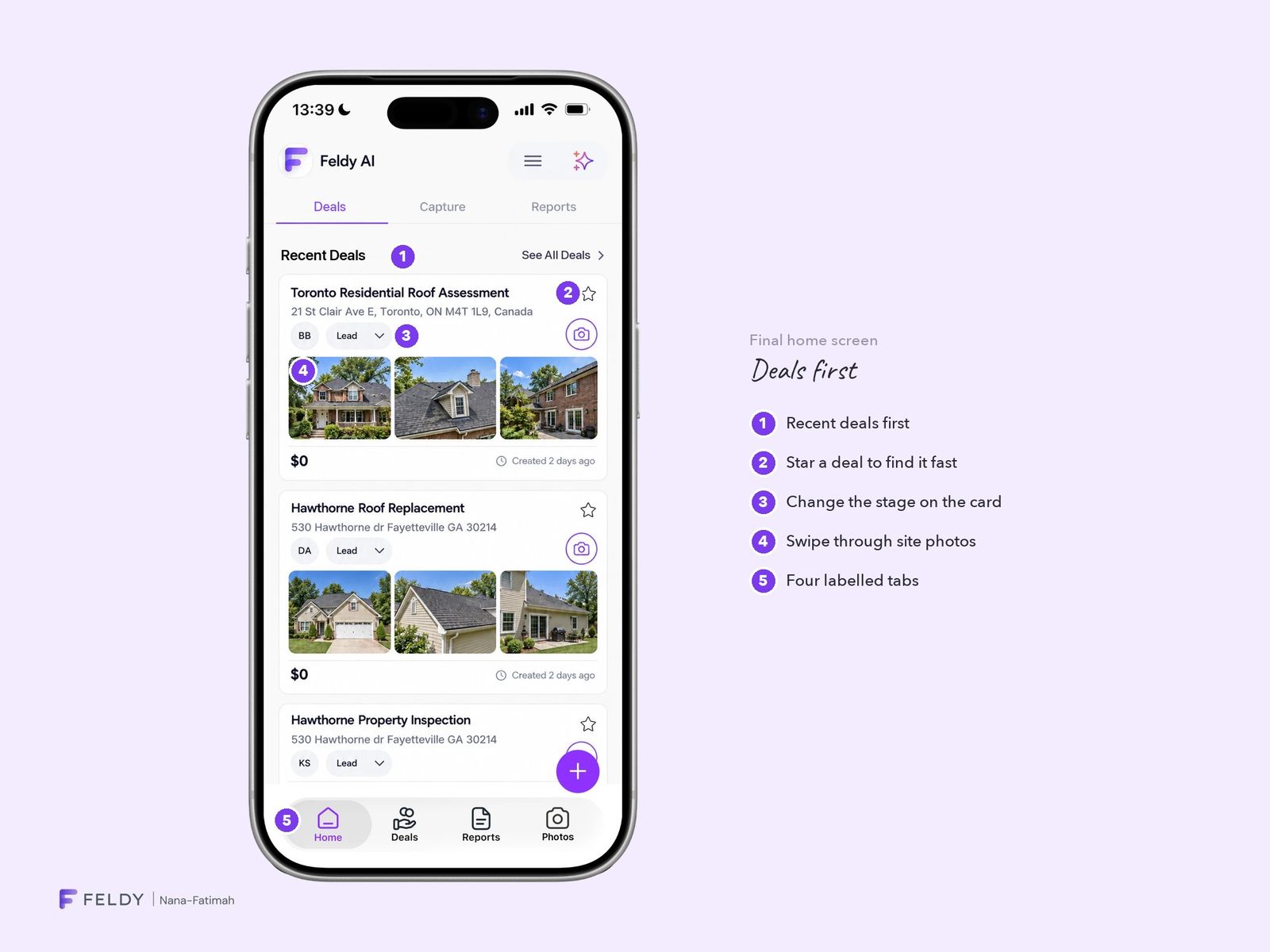 The final home screen: recent deals first, a star on each deal, the stage set on the card, swipeable site photos, and four labelled tabs