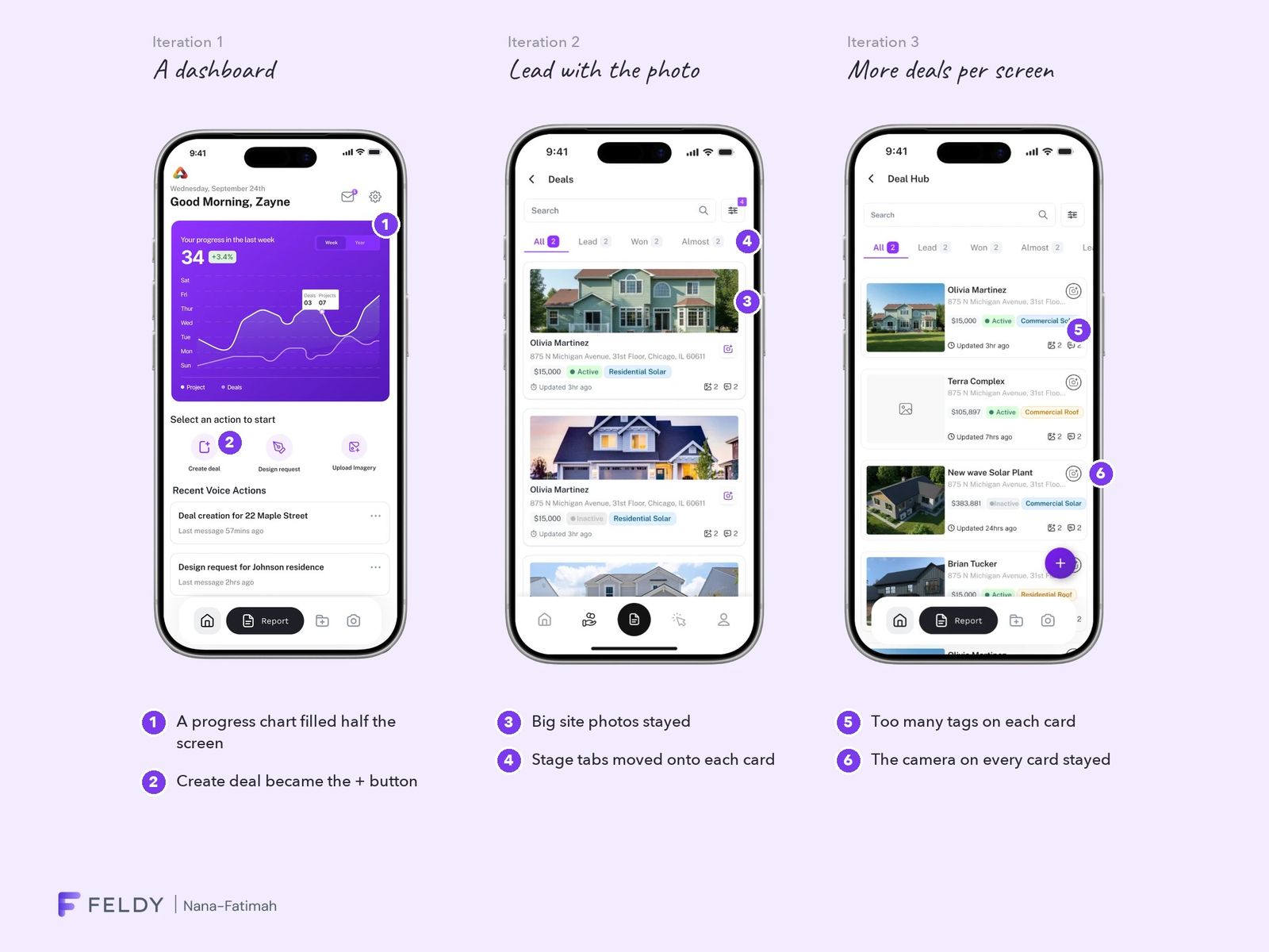 Three home screen iterations: a dashboard, a photo-first deals list with stage tabs, and a compact list with too many tags
