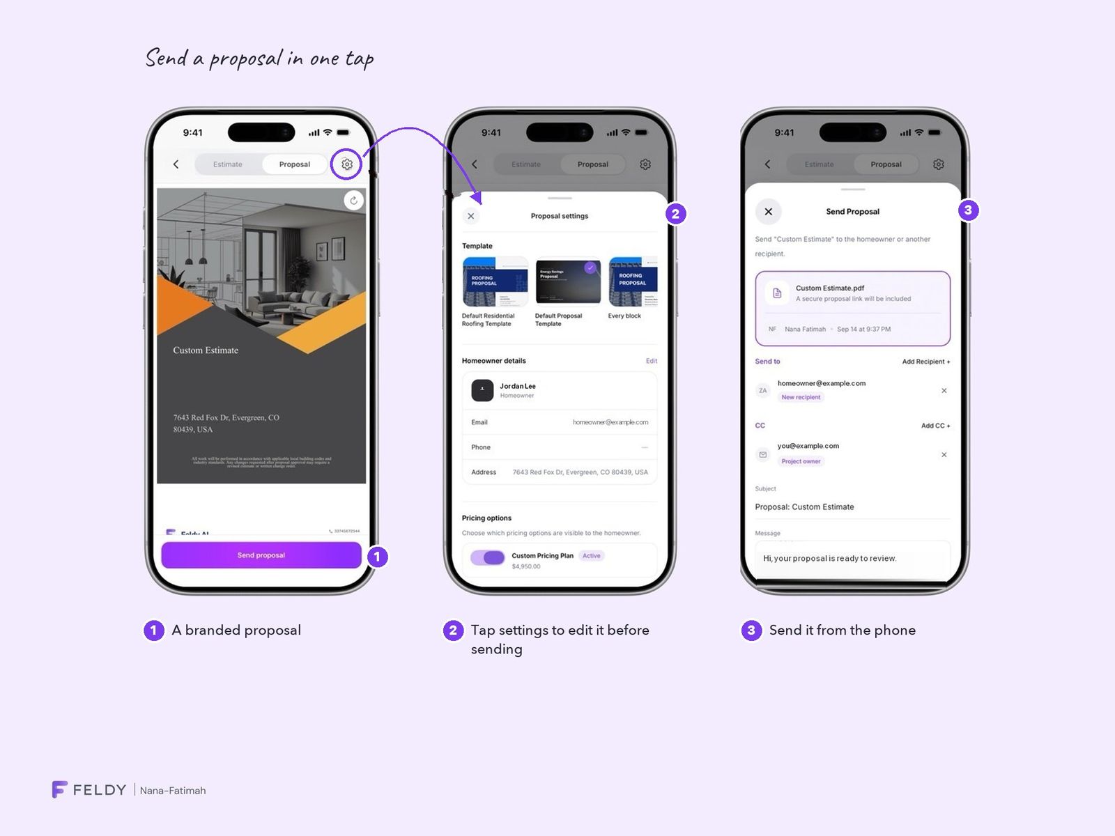 A branded proposal, its settings, and the screen to send it from the phone