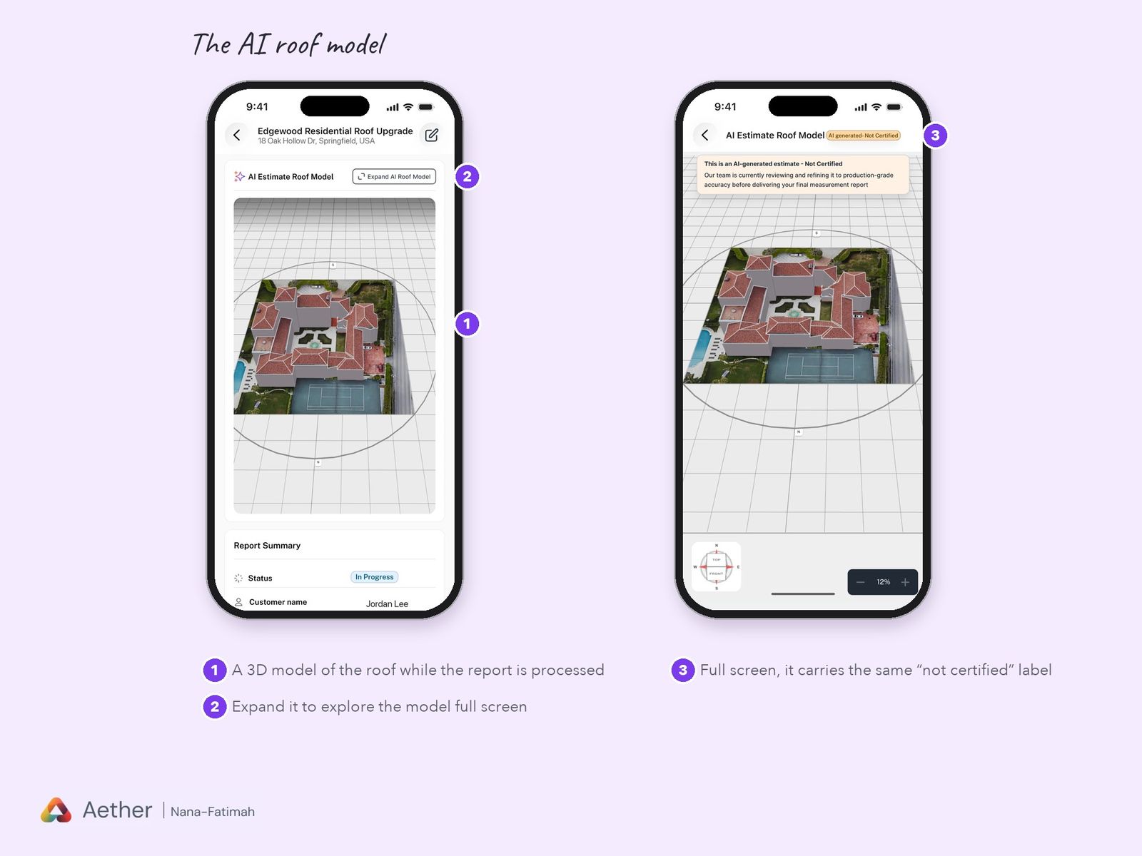 The AI roof model on the report page, and expanded to full screen with a not-certified banner